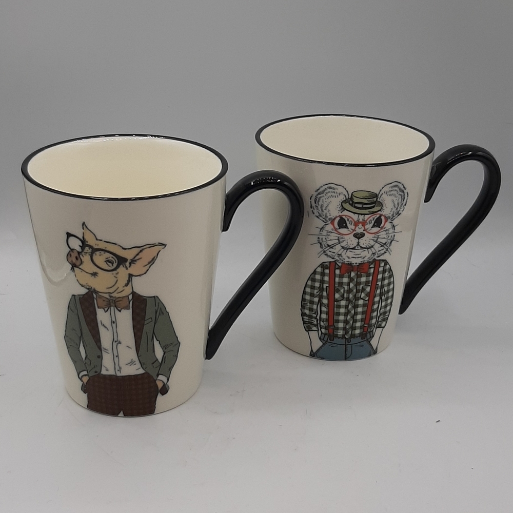 Signature Housewares Hipster Animal Coffee Mugs Set Of 2 Pig Mouse Brand NEW